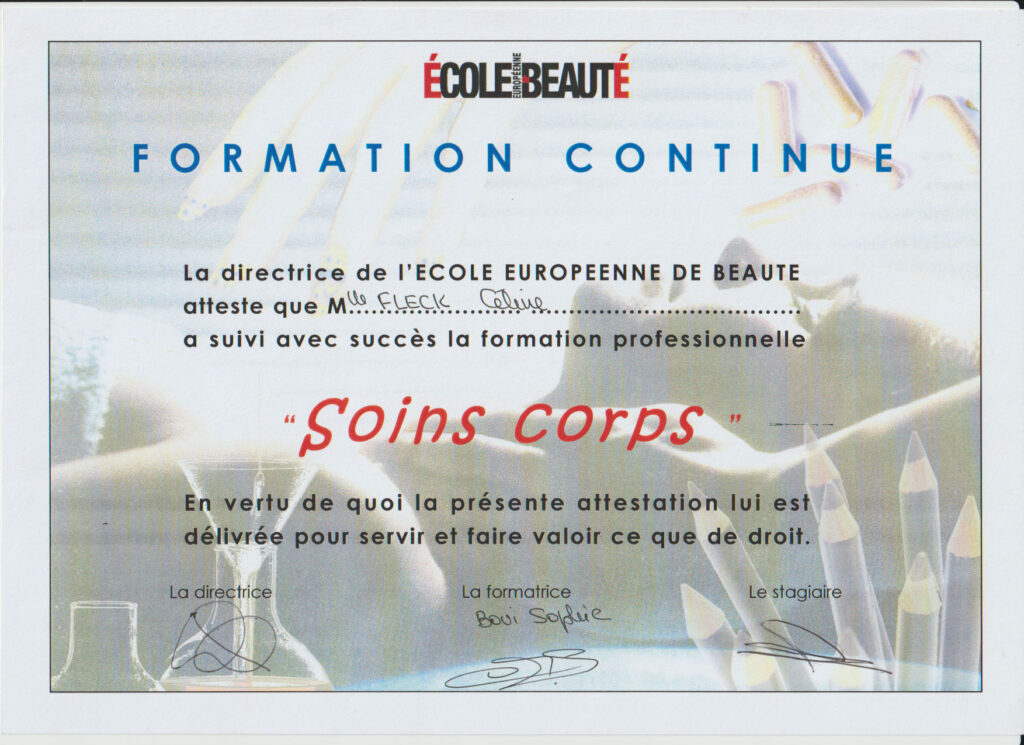 Certificat de formation continue en Soins Corps délivré à Céline par l’École Européenne de Beauté