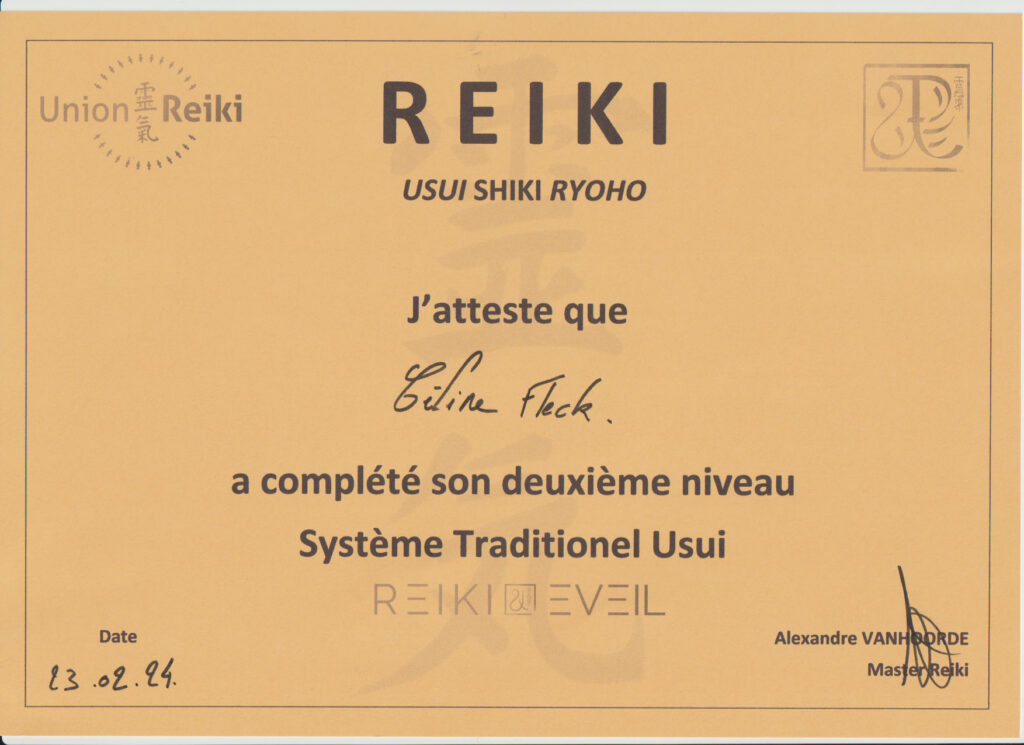 Certificat de Reiki Deuxième Niveau, Système Traditionnel Usui, obtenu par Céline Fleck.