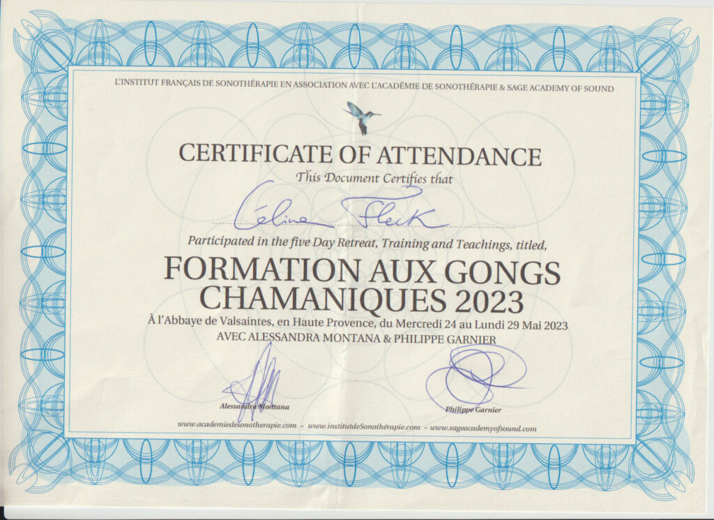 Certificat de formation aux Gongs Chamaniques 2023 de Céline Fleck, approfondissement des techniques de gong chamanique.