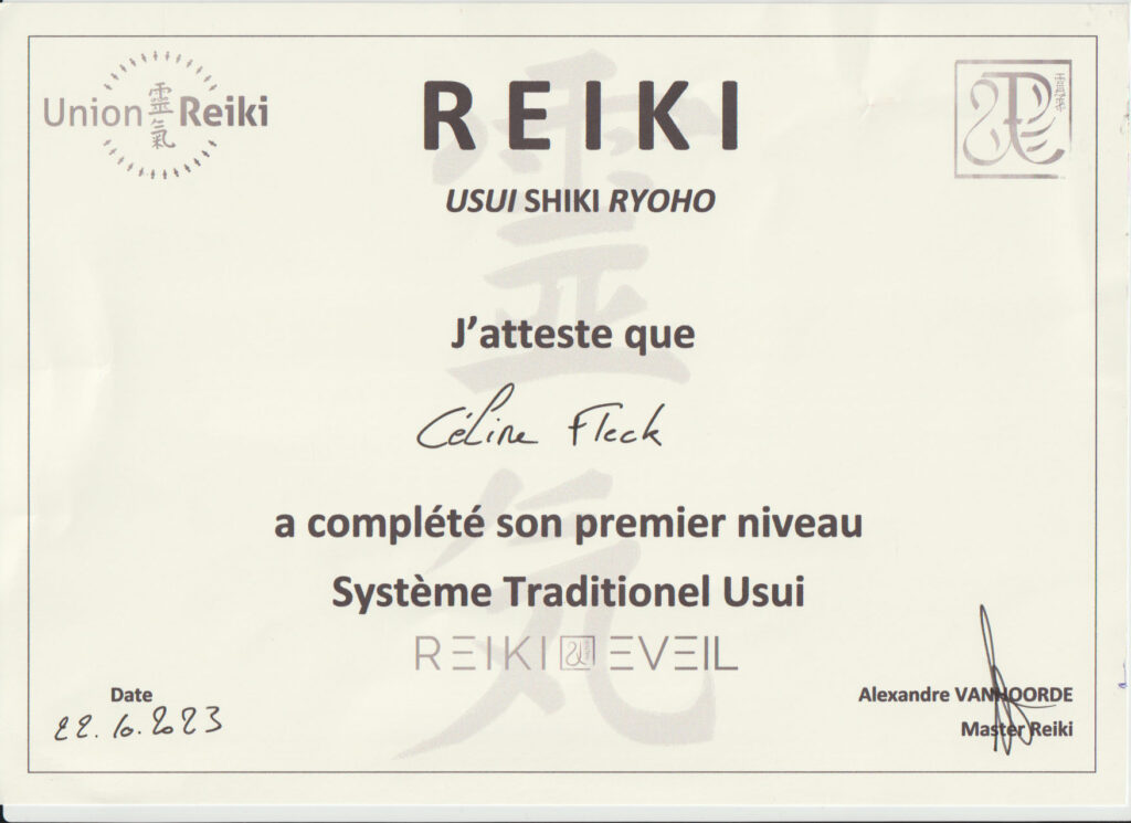 Certificat de Reiki Premier Niveau, Système Traditionnel Usui, obtenu par Céline Fleck en 2023