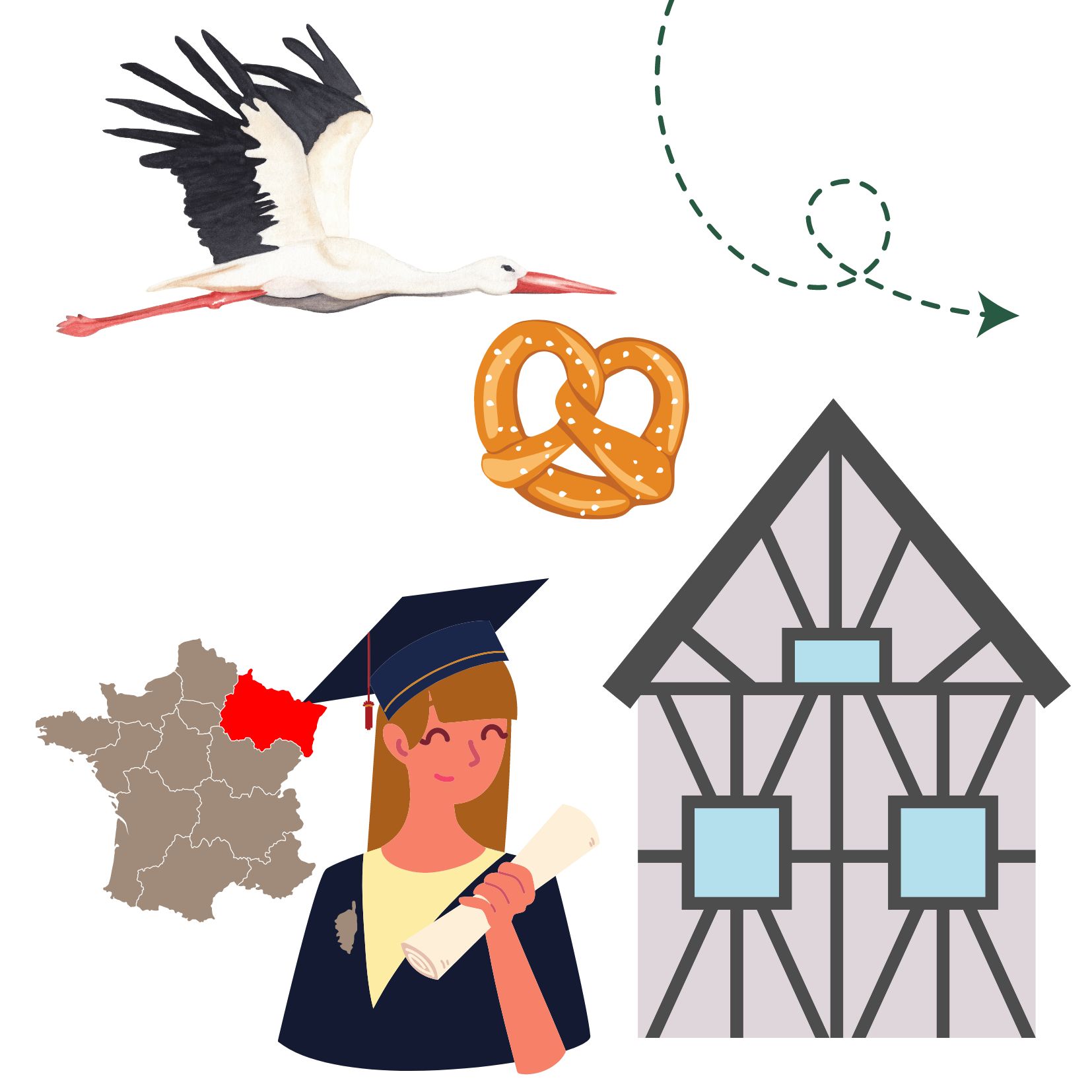 Deuxième page de la bande dessinée ‘Mon Histoire’ de Céline, illustrant l’Alsace avec une cigogne, un bretzel, une maison alsacienne et Céline avec un diplôme en main. Céline, fondatrice d’Immersive Expérience.